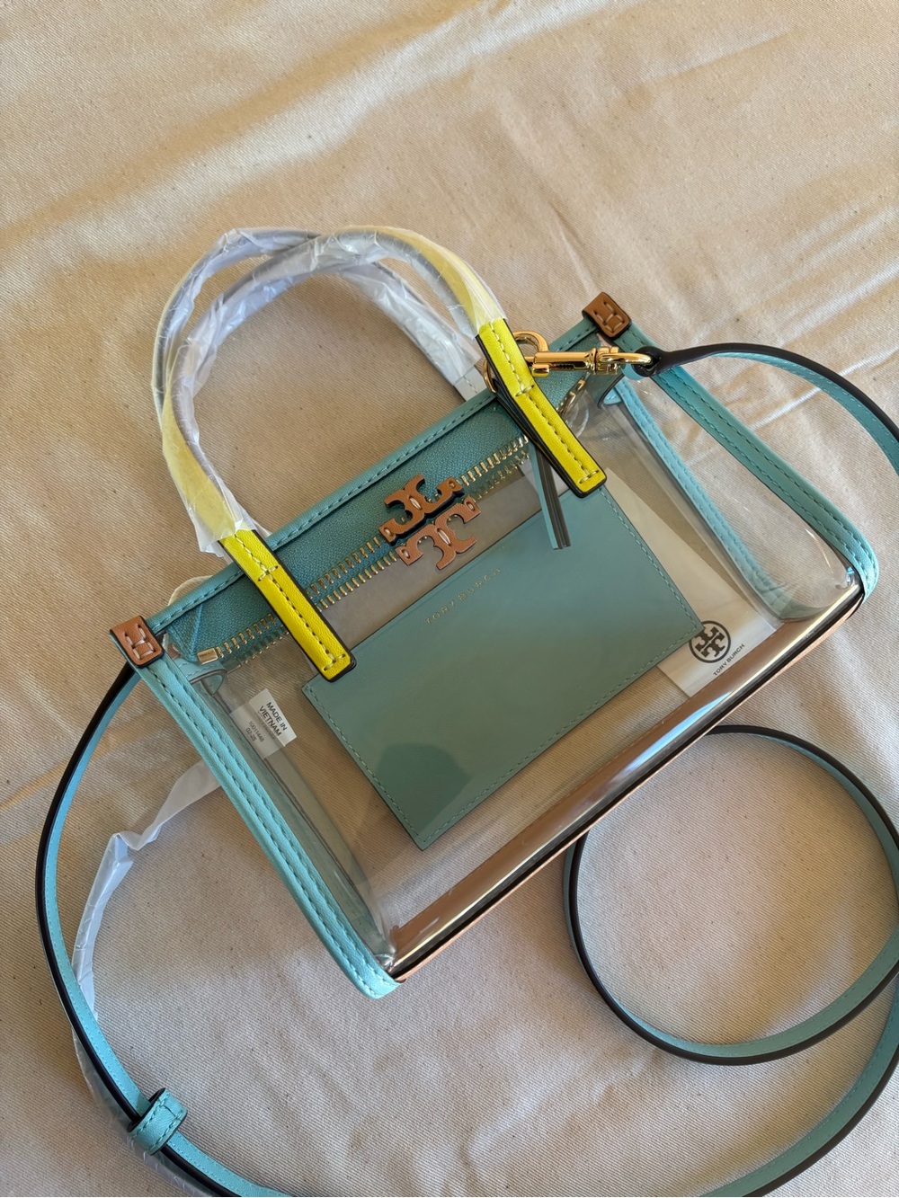 Tory Burch Clear Crossbody with Mint and Yellow Trim